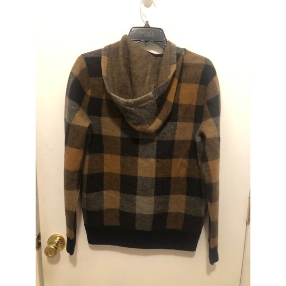 J Crew Merino Wool Black Tan Tartan Plaid Half Zip Hoodie Sweatshirt Mens - Picture 2 of 3